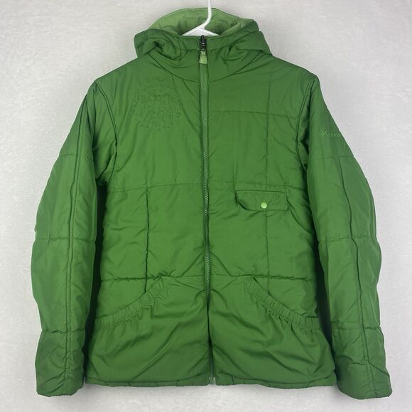 Columbia Reversible Jacket Youth Girls 14/16 Green Hooded Pockets Logo Winter - Picture 1 of 16